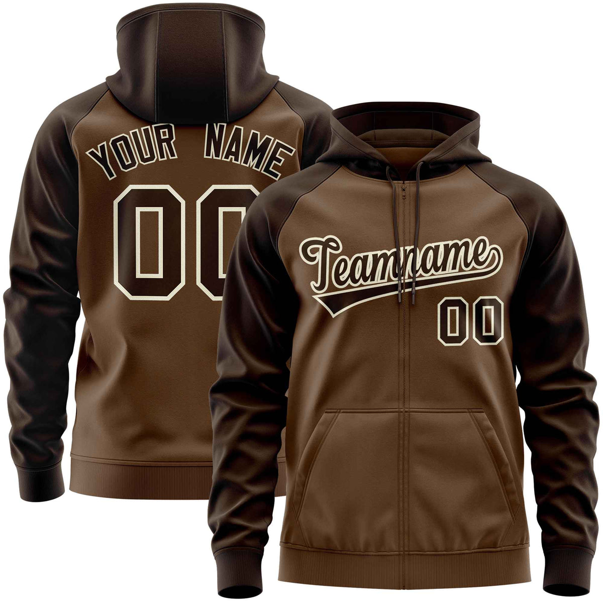 Custom Stitched Light Brown Brown Raglan Sleeves Sports Full-Zip Sweatshirt Hoodie| KXKSHOP