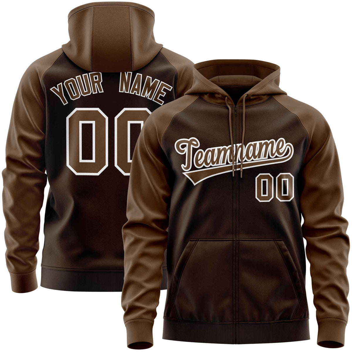 Custom Stitched Brown Light Brown Raglan Sleeves Sports Full-Zip Sweatshirt Hoodie| KXKSHOP