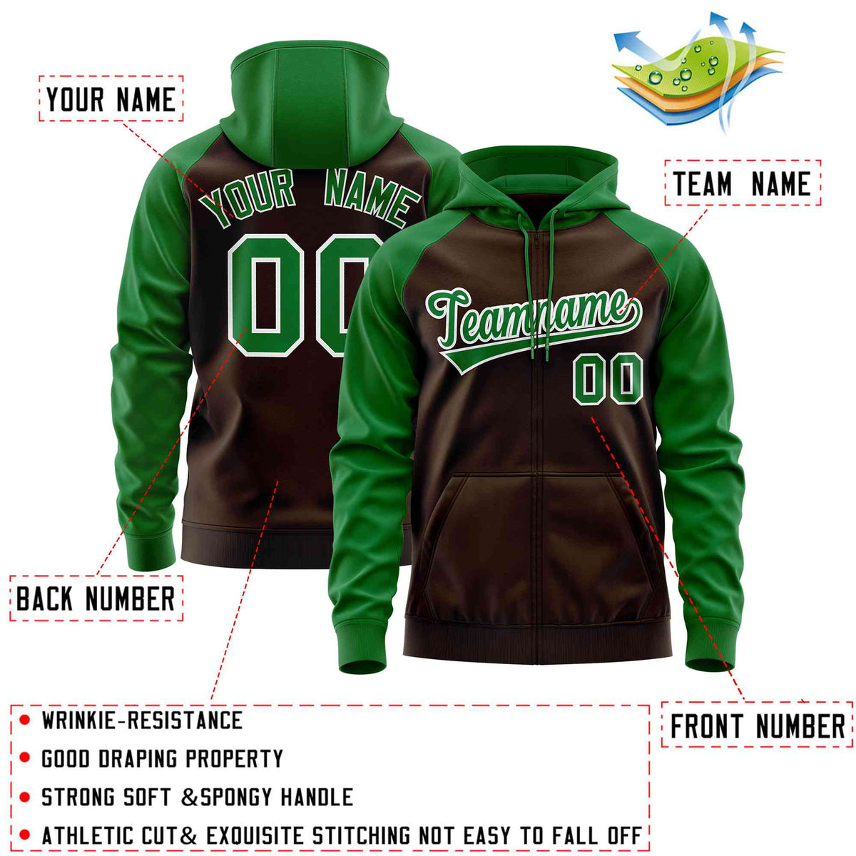Custom Stitched Brown Kelly Green Raglan Sleeves Sports Full-Zip Sweatshirt Hoodie| KXKSHOP