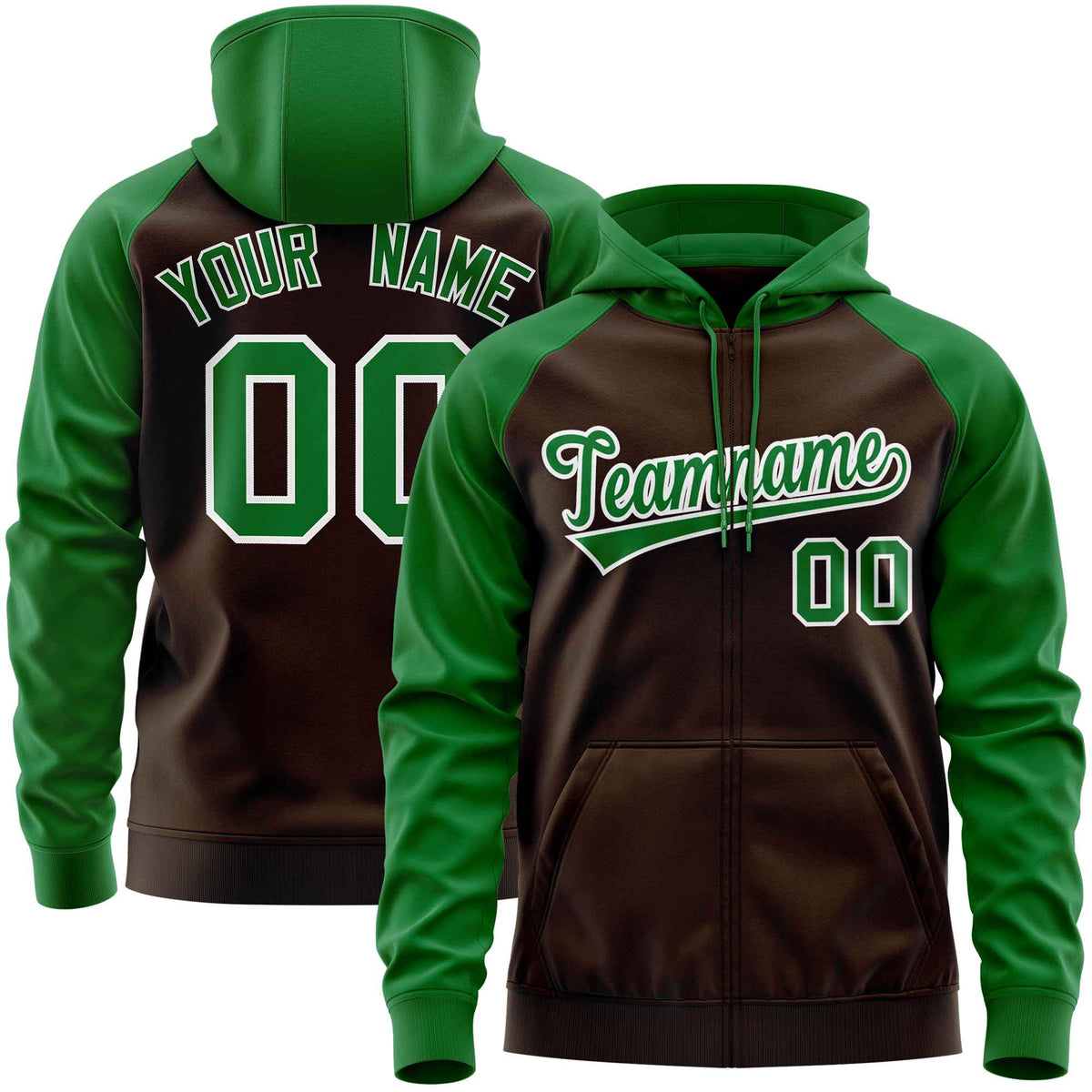 Custom Stitched Brown Kelly Green Raglan Sleeves Sports Full-Zip Sweatshirt Hoodie| KXKSHOP
