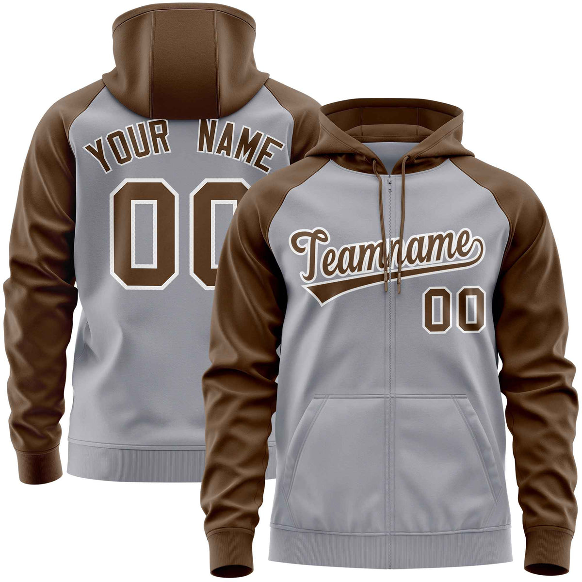 Custom Stitched Light Gray Light Brown Raglan Sleeves Sports Full-Zip Sweatshirt Hoodie| KXKSHOP