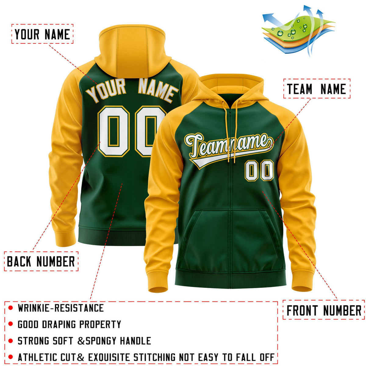 Custom Stitched Green White-Gold Raglan Sleeves Sports Full-Zip Sweatshirt Hoodie| KXKSHOP