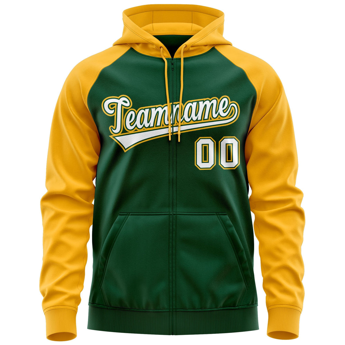 Custom Stitched Green White-Gold Raglan Sleeves Sports Full-Zip Sweatshirt Hoodie| KXKSHOP