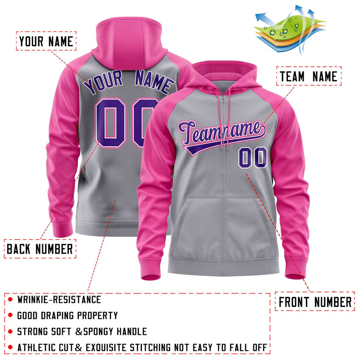 Custom Stitched Light Gray Pink-Purple Raglan Sleeves Sports Full-Zip Sweatshirt Hoodie| KXKSHOP