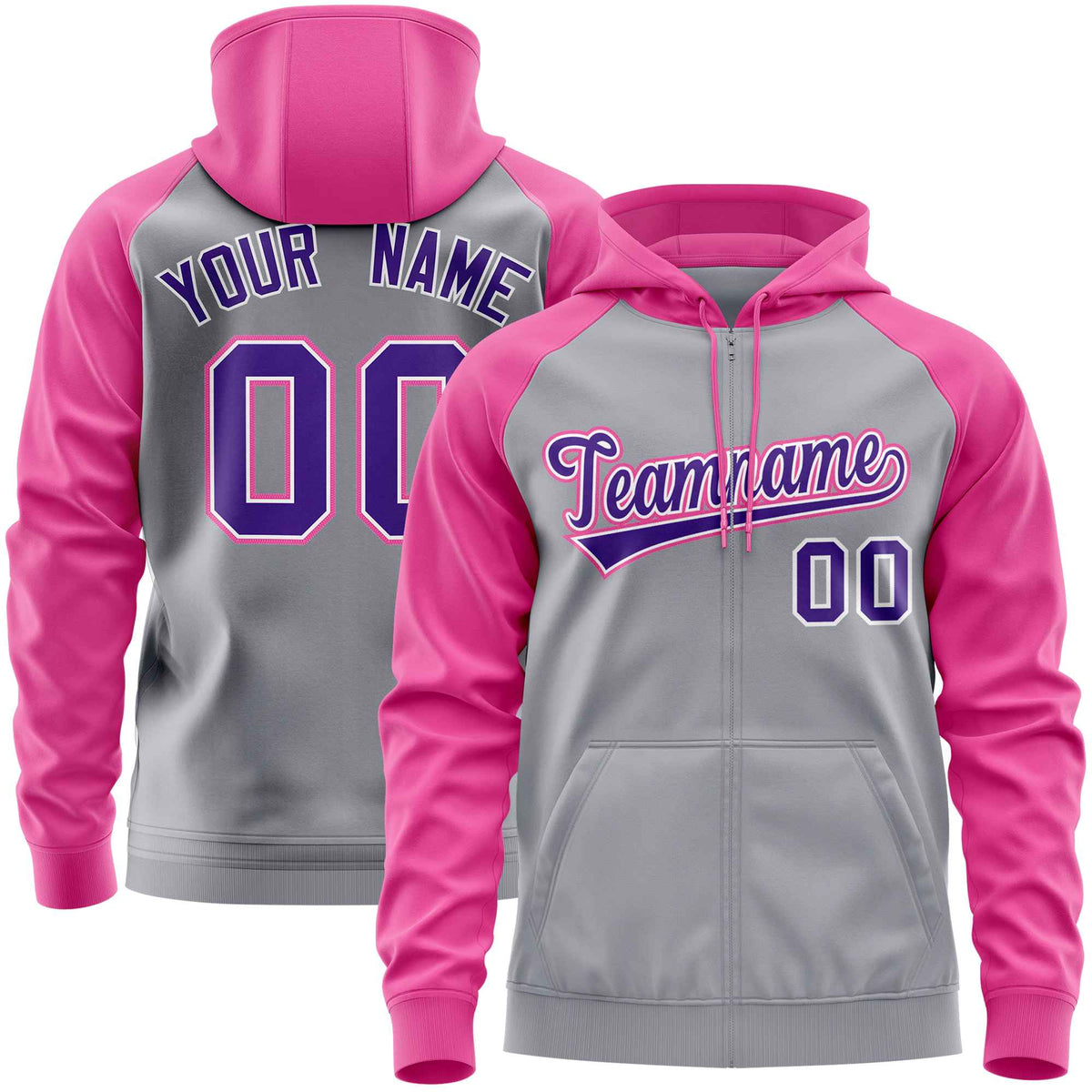 Custom Stitched Light Gray Pink-Purple Raglan Sleeves Sports Full-Zip Sweatshirt Hoodie| KXKSHOP