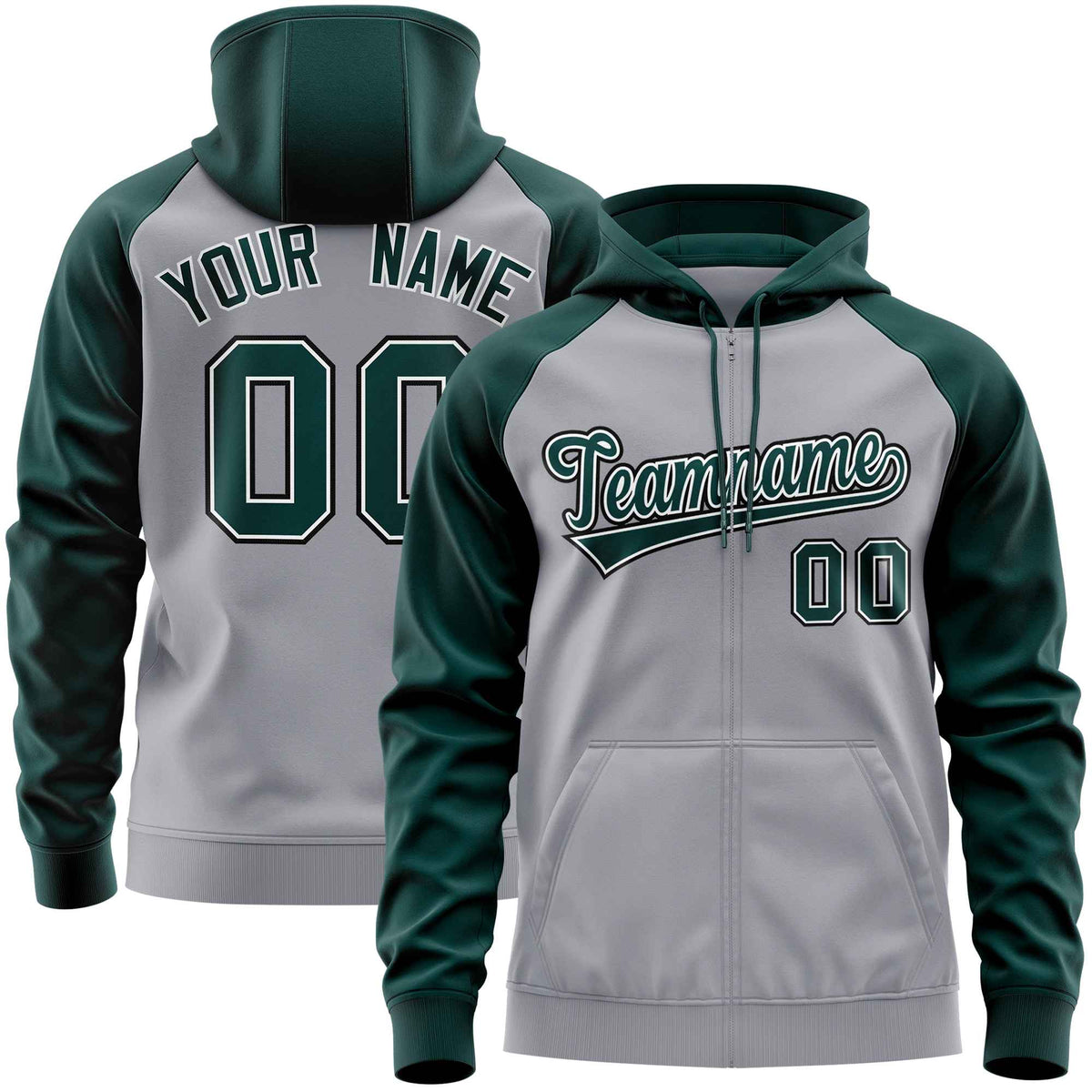 Custom Stitched Light Gray Midnight Green Raglan Sleeves Sports Full-Zip Sweatshirt Hoodie| KXKSHOP
