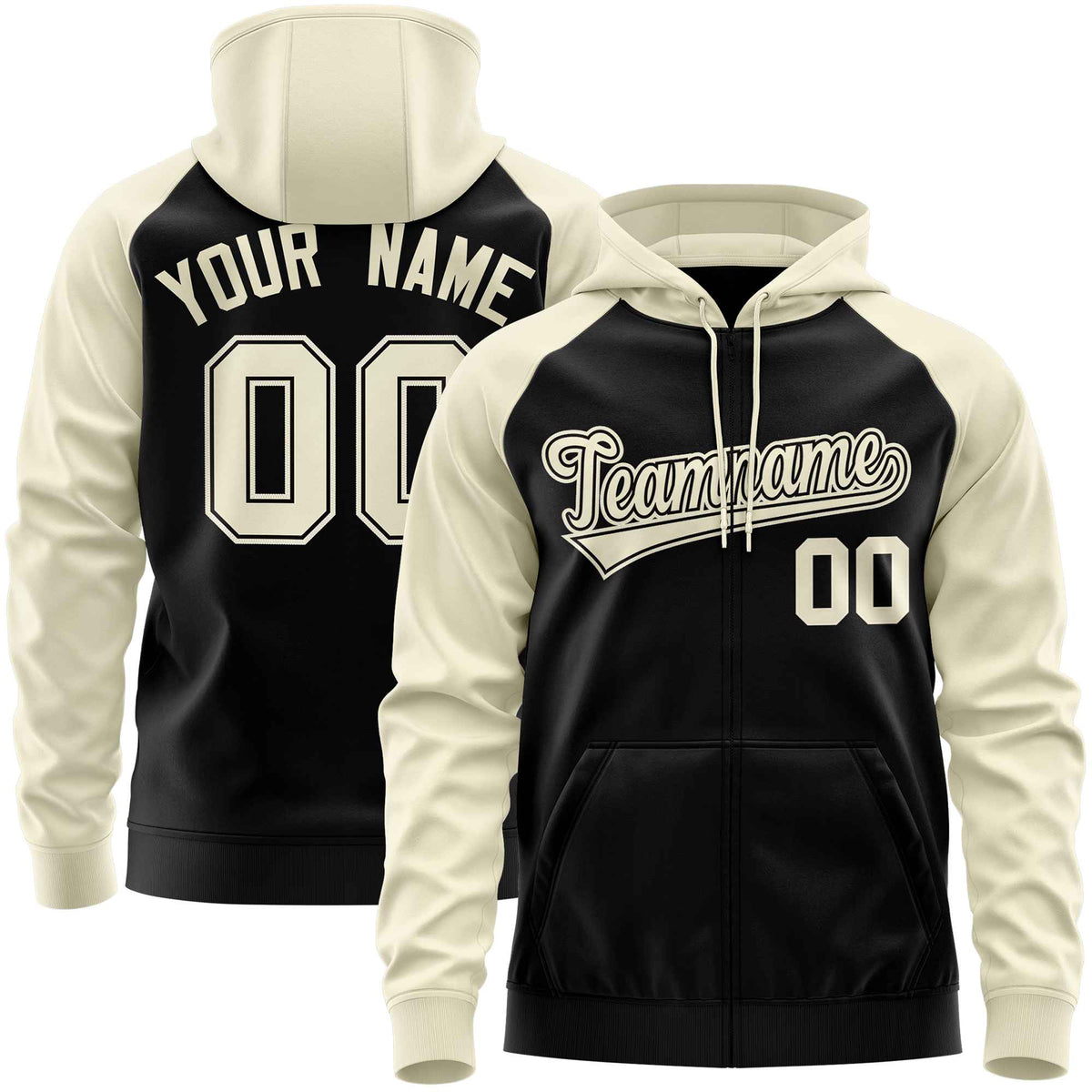 Custom Stitched Black Cream Raglan Sleeves Sports Full-Zip Sweatshirt Hoodie| KXKSHOP
