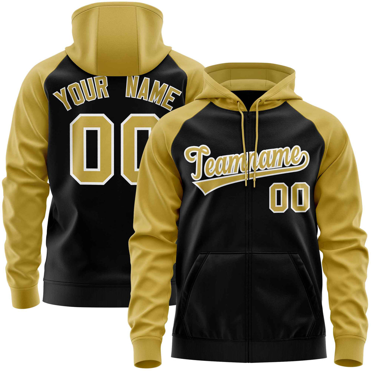 Custom Stitched Black Old Gold Raglan Sleeves Sports Full-Zip Sweatshirt Hoodie| KXKSHOP