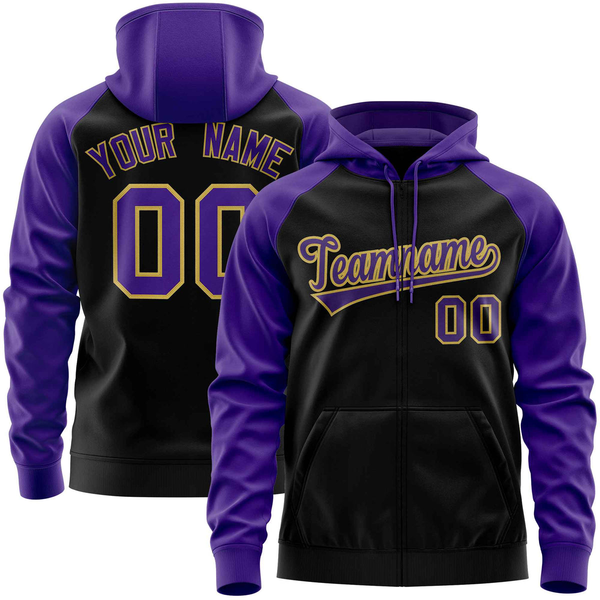 Custom Stitched Black Purple Raglan Sleeves Sports Full-Zip Sweatshirt Hoodie| KXKSHOP