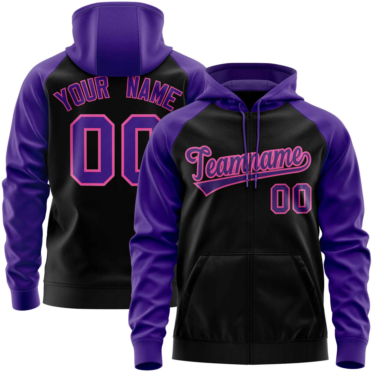 Custom Stitched Black Purple Raglan Sleeves Sports Full-Zip Sweatshirt Hoodie| KXKSHOP