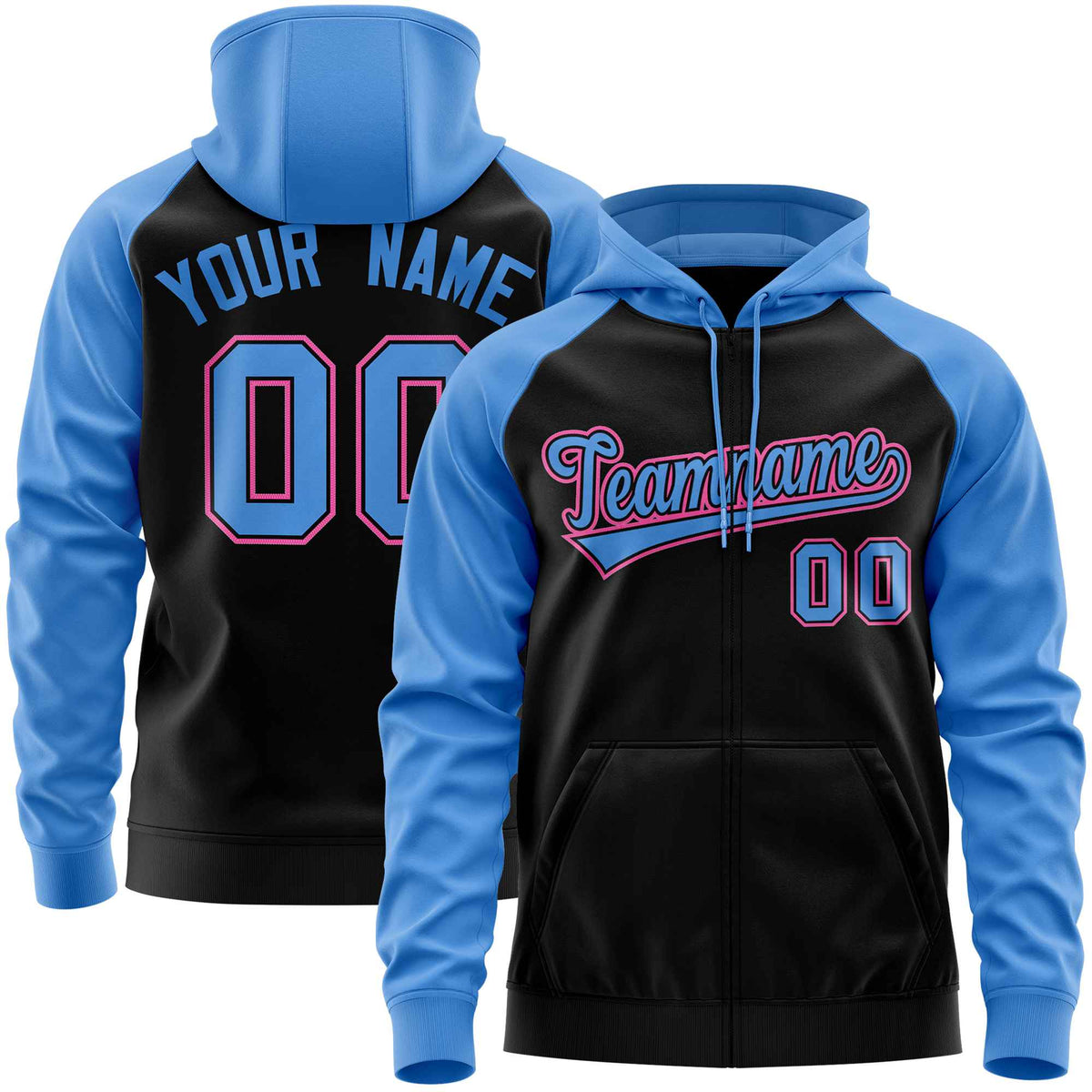Custom Stitched Black Powder Blue Raglan Sleeves Sports Full-Zip Sweatshirt Hoodie| KXKSHOP