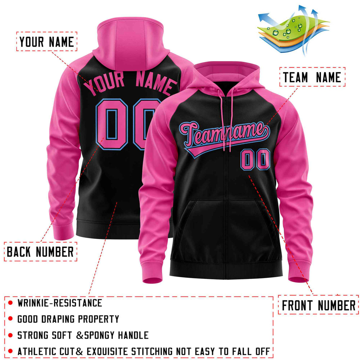 Custom Stitched Black Pink Raglan Sleeves Sports Full-Zip Sweatshirt Hoodie| KXKSHOP