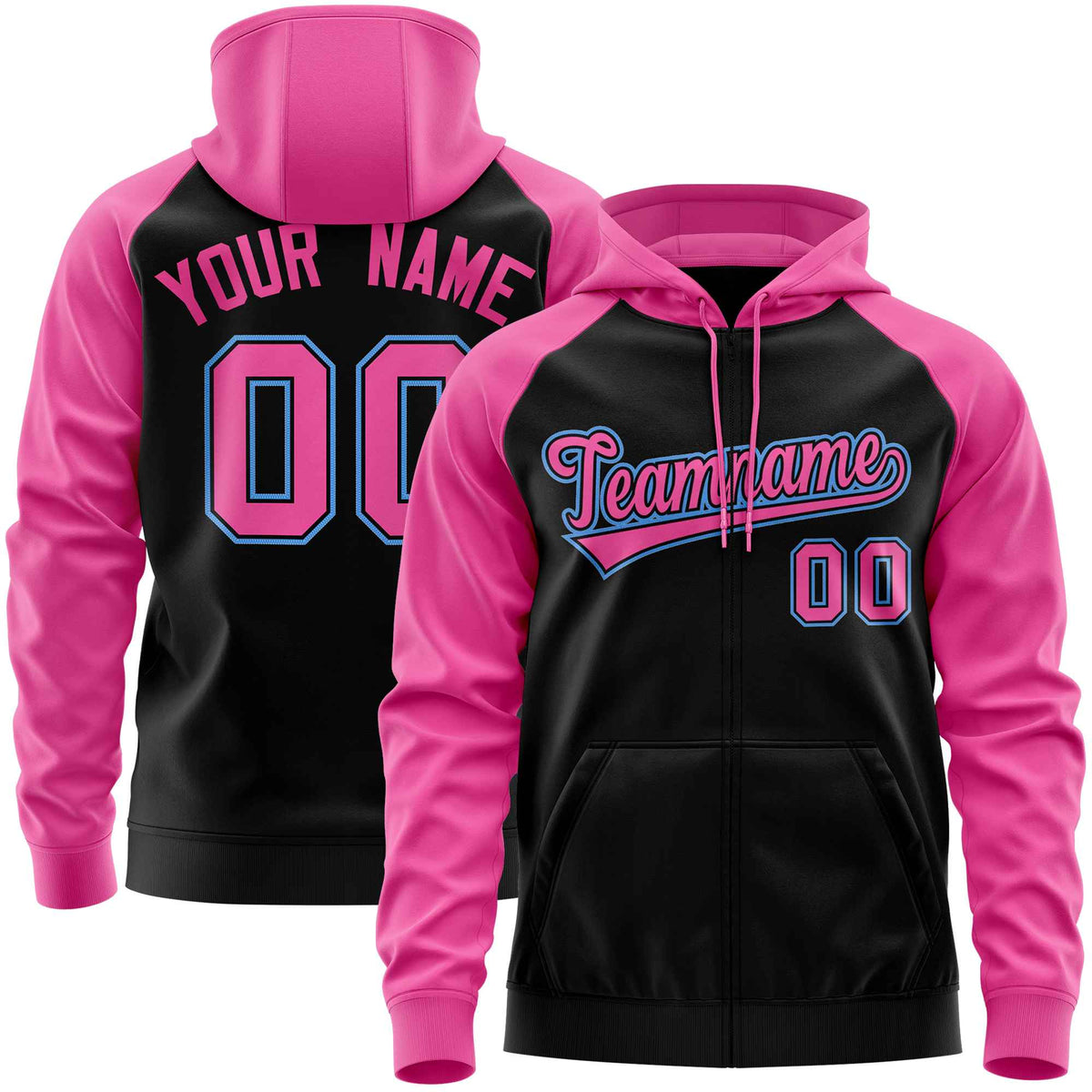 Custom Stitched Black Pink Raglan Sleeves Sports Full-Zip Sweatshirt Hoodie| KXKSHOP