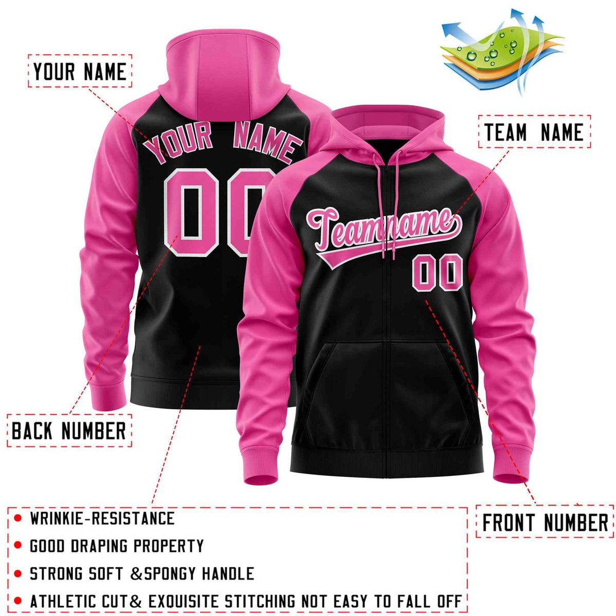 Custom Stitched Black Pink Raglan Sleeves Sports Full-Zip Sweatshirt Hoodie| KXKSHOP