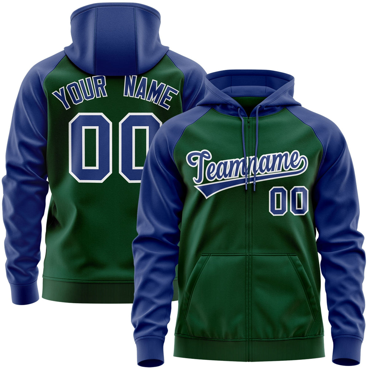Custom Stitched Green Royal-White Raglan Sleeves Sports Full-Zip Sweatshirt Hoodie| KXKSHOP