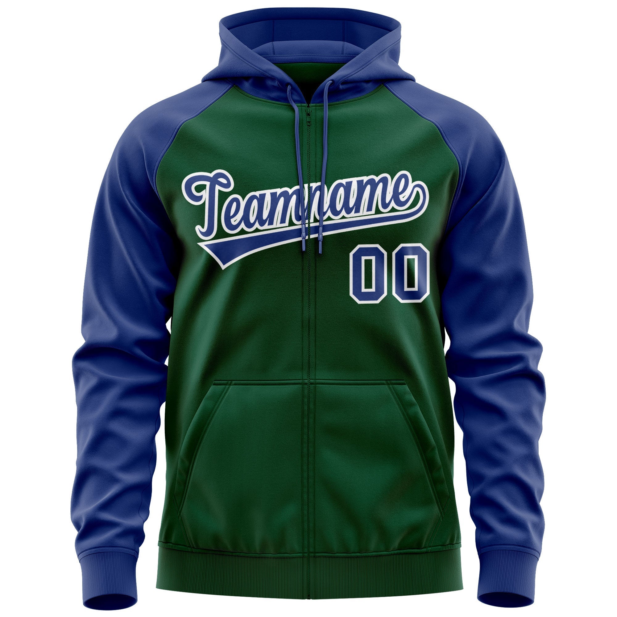 Custom Stitched Green Royal-White Raglan Sleeves Sports Full-Zip Sweatshirt Hoodie| KXKSHOP