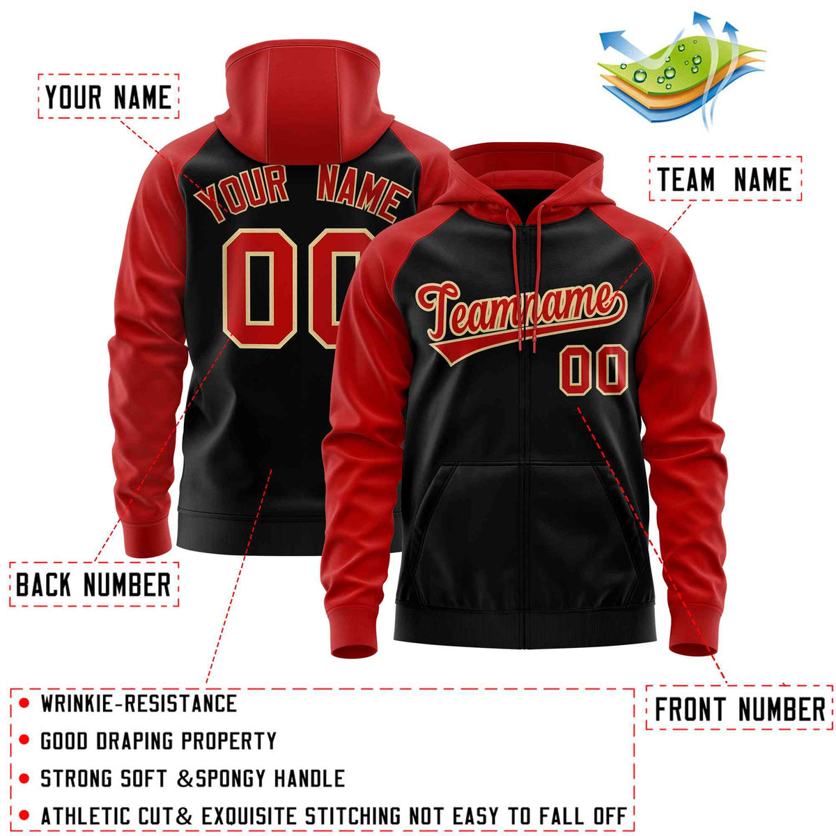 Custom Stitched Black Red Raglan Sleeves Sports Full-Zip Sweatshirt Hoodie| KXKSHOP