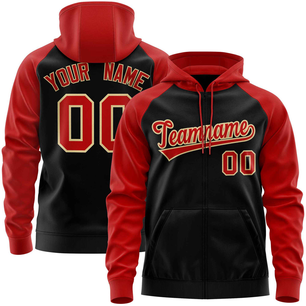 Custom Stitched Black Red Raglan Sleeves Sports Full-Zip Sweatshirt Hoodie| KXKSHOP