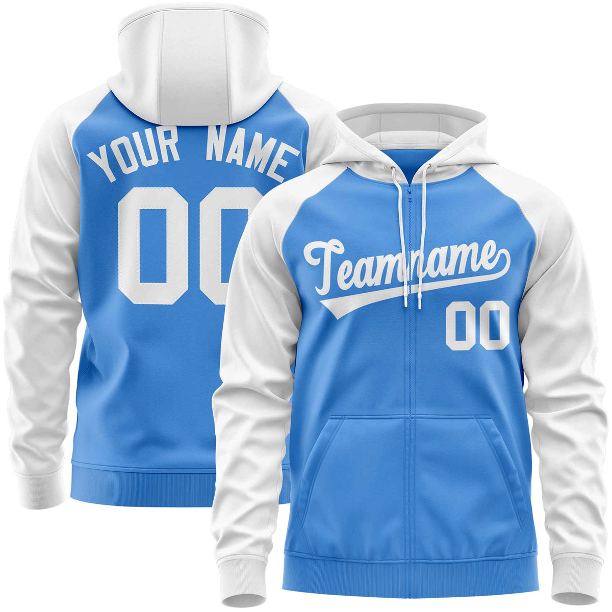Custom Stitched Powder Blue White Raglan Sleeves Sports Full-Zip Sweatshirt Hoodie| KXKSHOP