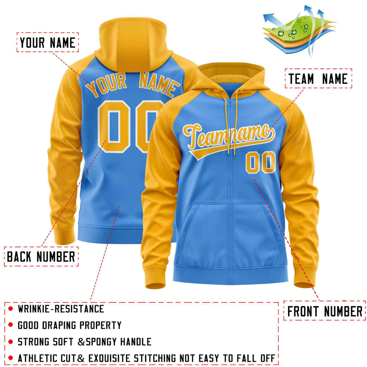 Custom Stitched Powder Blue Gold Raglan Sleeves Sports Full-Zip Sweatshirt Hoodie| KXKSHOP