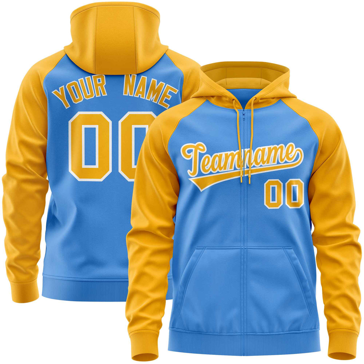 Custom Stitched Powder Blue Gold Raglan Sleeves Sports Full-Zip Sweatshirt Hoodie| KXKSHOP