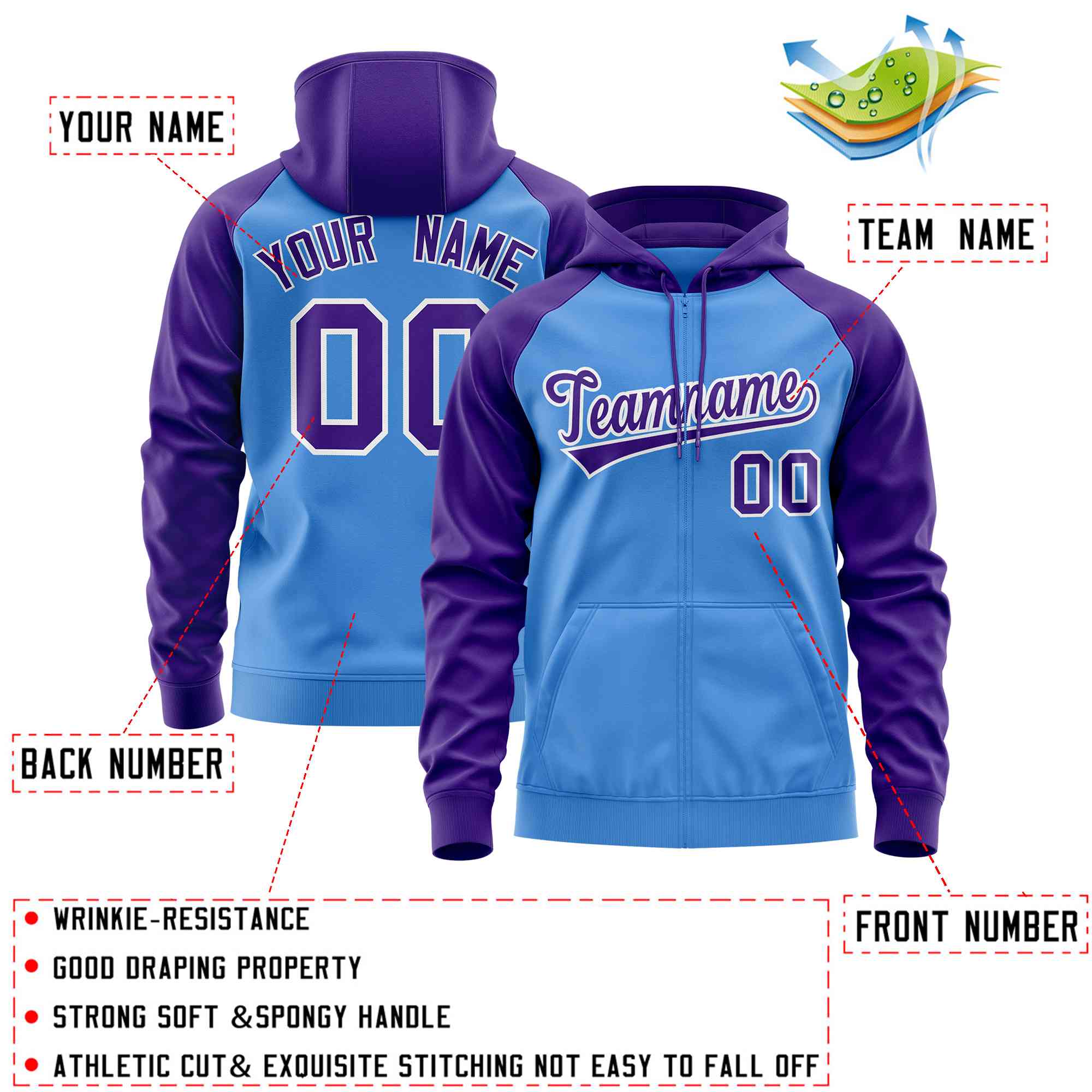 Custom Stitched Powder Blue Purple Raglan Sleeves Sports Full-Zip Sweatshirt Hoodie| KXKSHOP