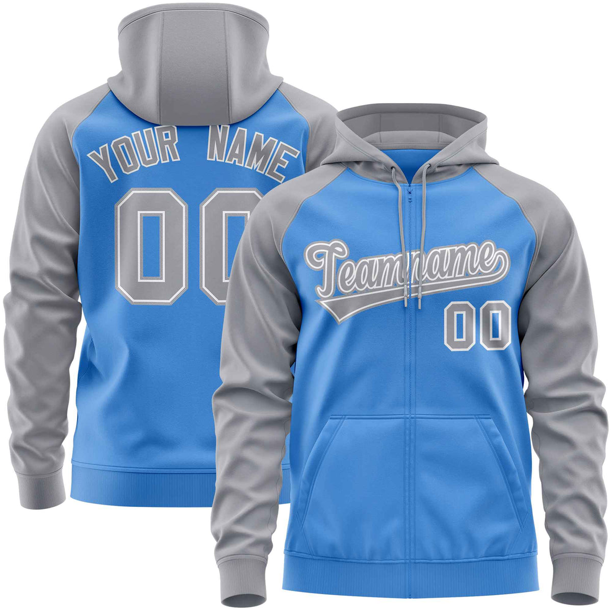 Custom Stitched Powder Blue Light Gray Raglan Sleeves Sports Full-Zip Sweatshirt Hoodie| KXKSHOP