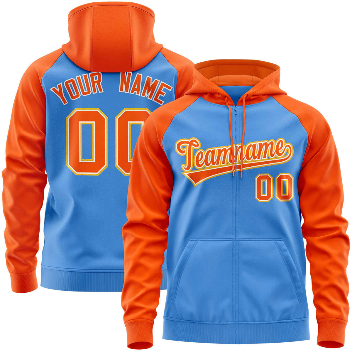 Custom Stitched Powder Blue Orange Raglan Sleeves Sports Full-Zip Sweatshirt Hoodie| KXKSHOP