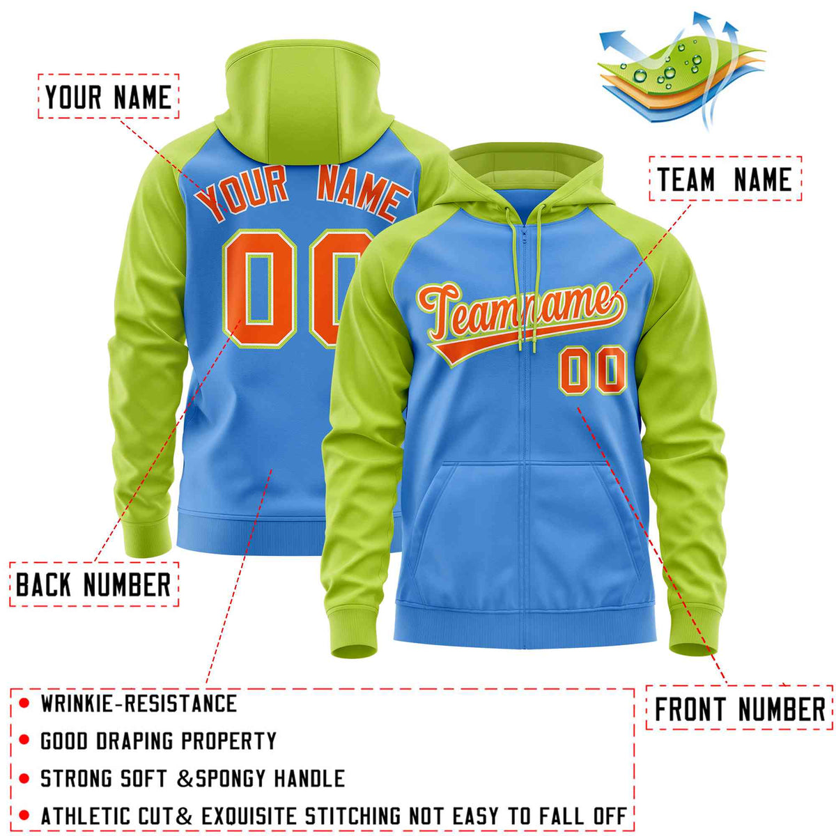 Custom Stitched Powder Blue Neon Green-Orange Raglan Sleeves Sports Full-Zip Sweatshirt Hoodie| KXKSHOP