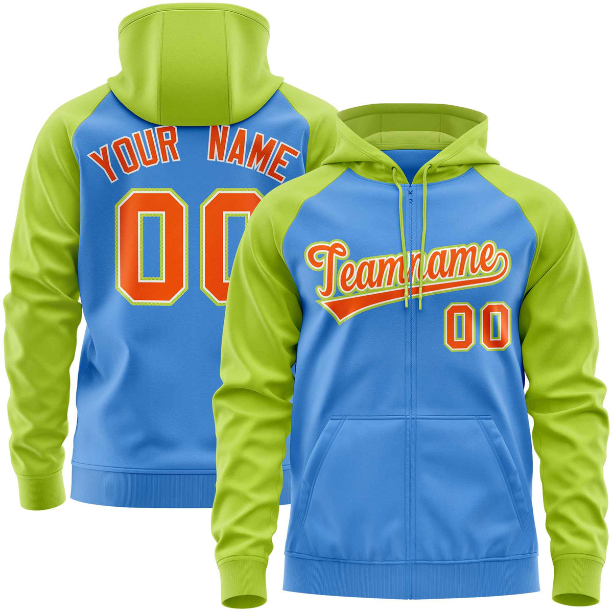 Custom Stitched Powder Blue Neon Green-Orange Raglan Sleeves Sports Full-Zip Sweatshirt Hoodie| KXKSHOP