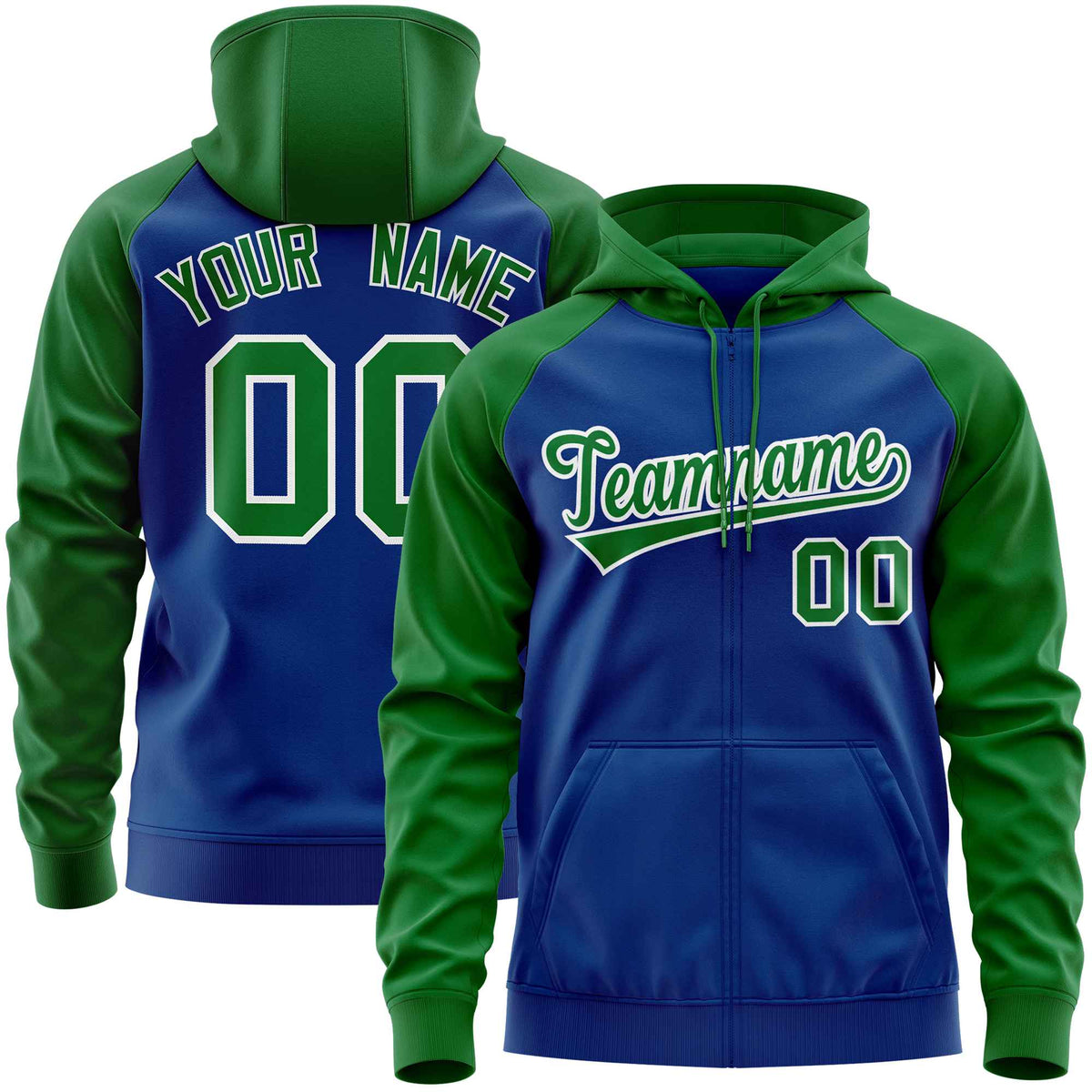 Custom Stitched Royal Kelly Green Raglan Sleeves Sports Full-Zip Sweatshirt Hoodie| KXKSHOP