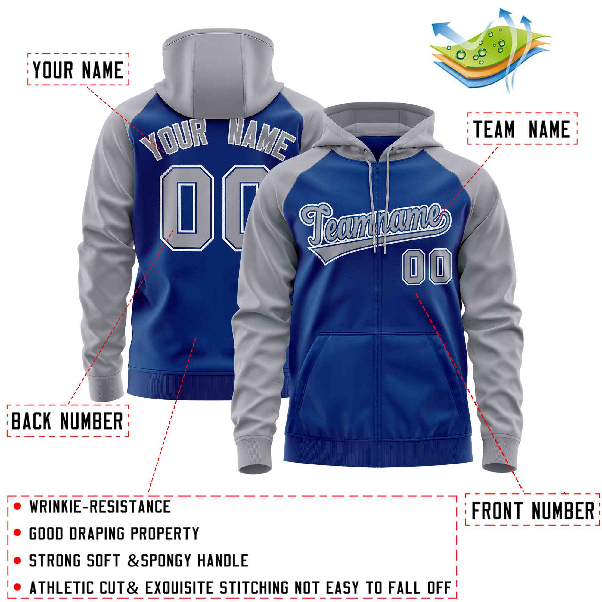 Custom Stitched Royal Light Gray Raglan Sleeves Sports Full-Zip Sweatshirt Hoodie| KXKSHOP