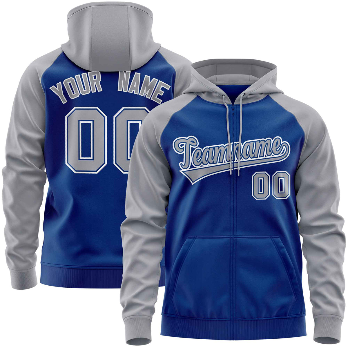 Custom Stitched Royal Light Gray Raglan Sleeves Sports Full-Zip Sweatshirt Hoodie| KXKSHOP