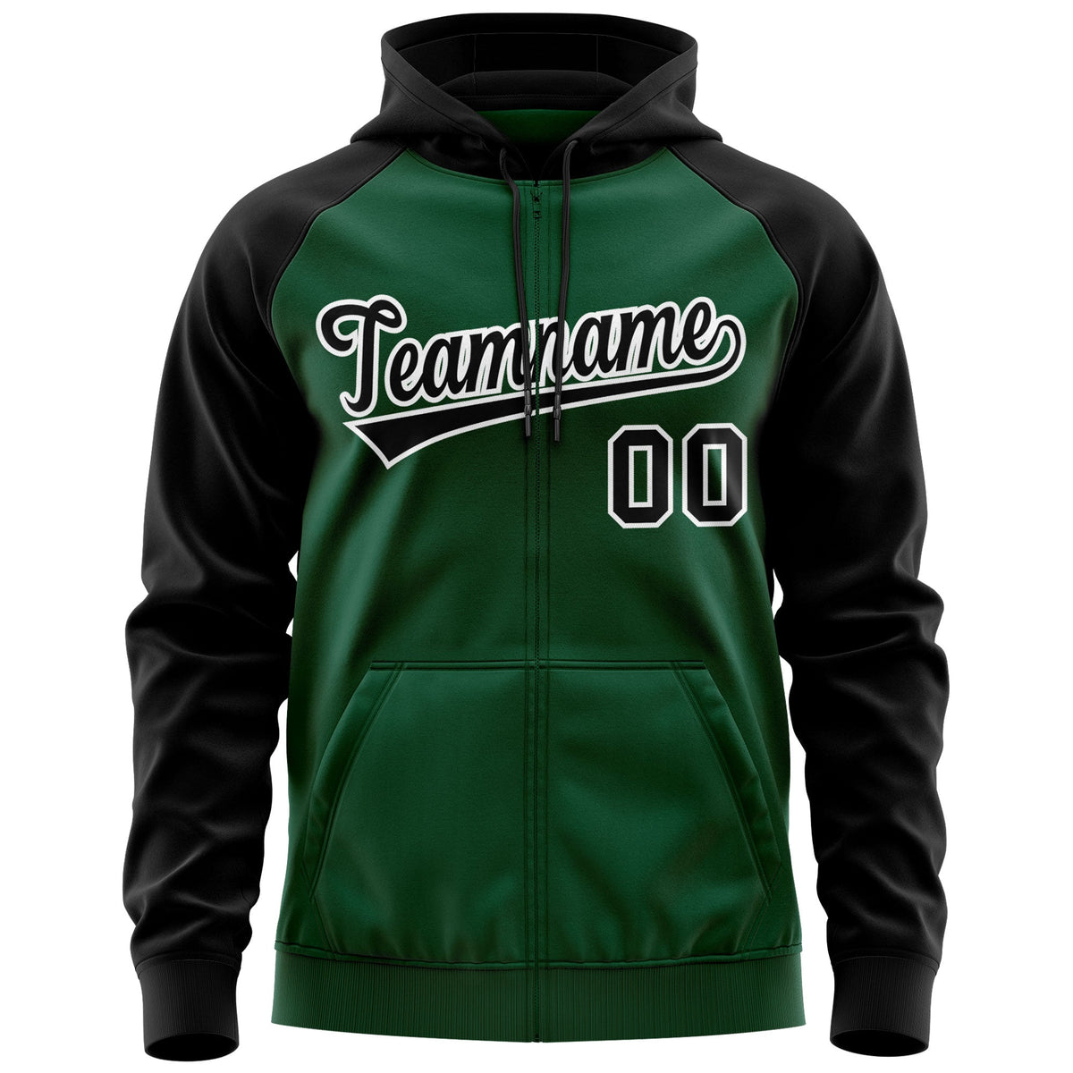 Custom Stitched Green Black-White Raglan Sleeves Sports Full-Zip Sweatshirt Hoodie| KXKSHOP