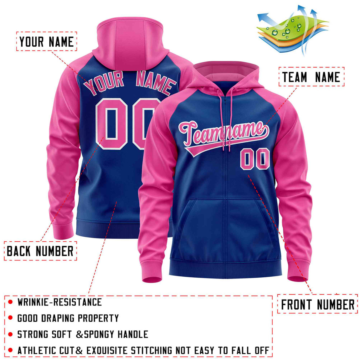 Custom Stitched Royal Pink Raglan Sleeves Sports Full-Zip Sweatshirt Hoodie| KXKSHOP