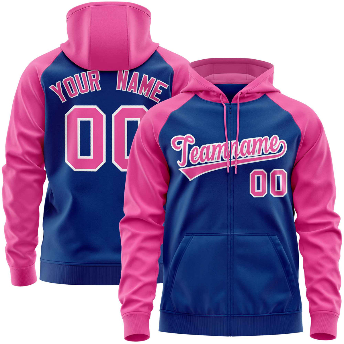 Custom Stitched Royal Pink Raglan Sleeves Sports Full-Zip Sweatshirt Hoodie| KXKSHOP