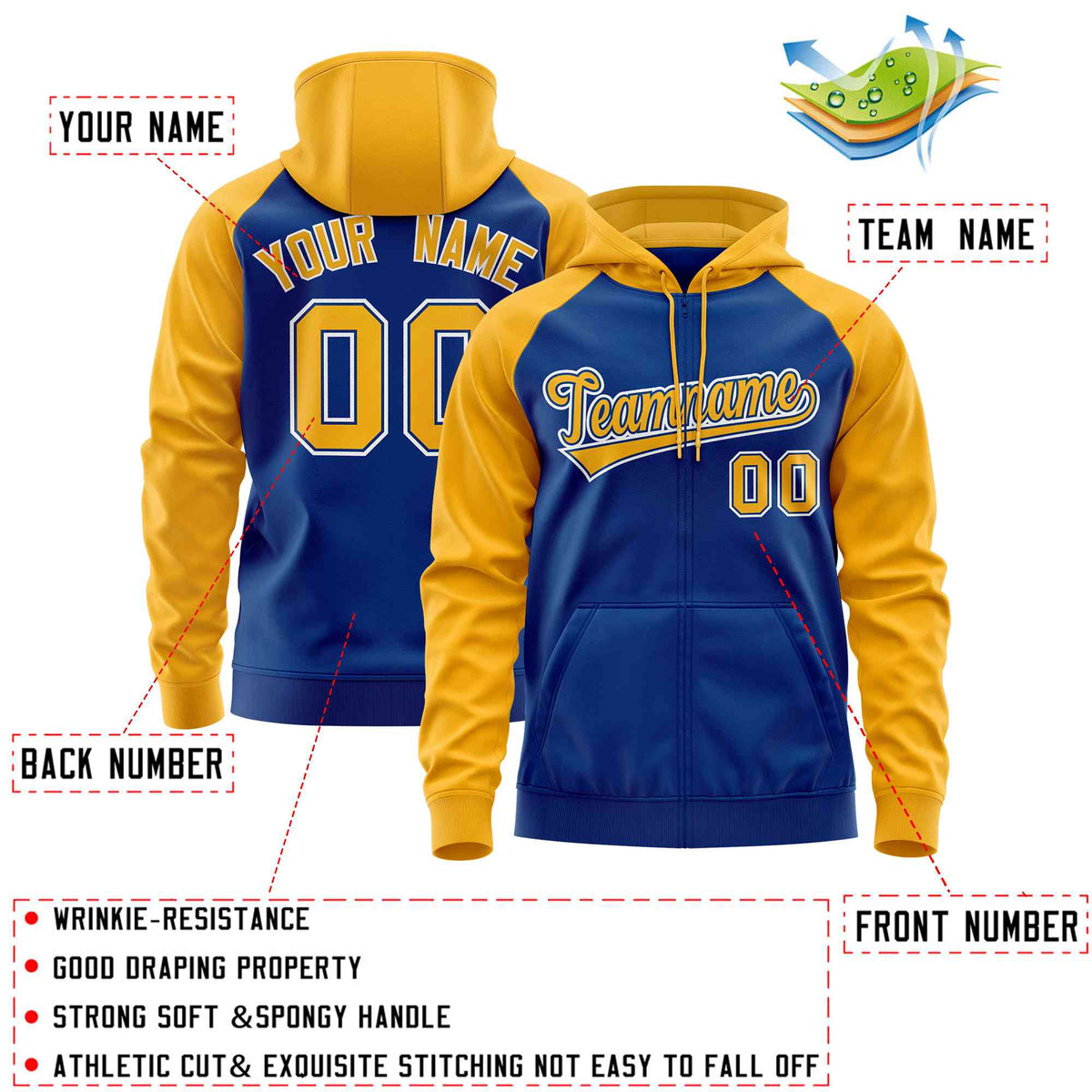 Custom Stitched Royal Gold Raglan Sleeves Sports Full-Zip Sweatshirt Hoodie| KXKSHOP