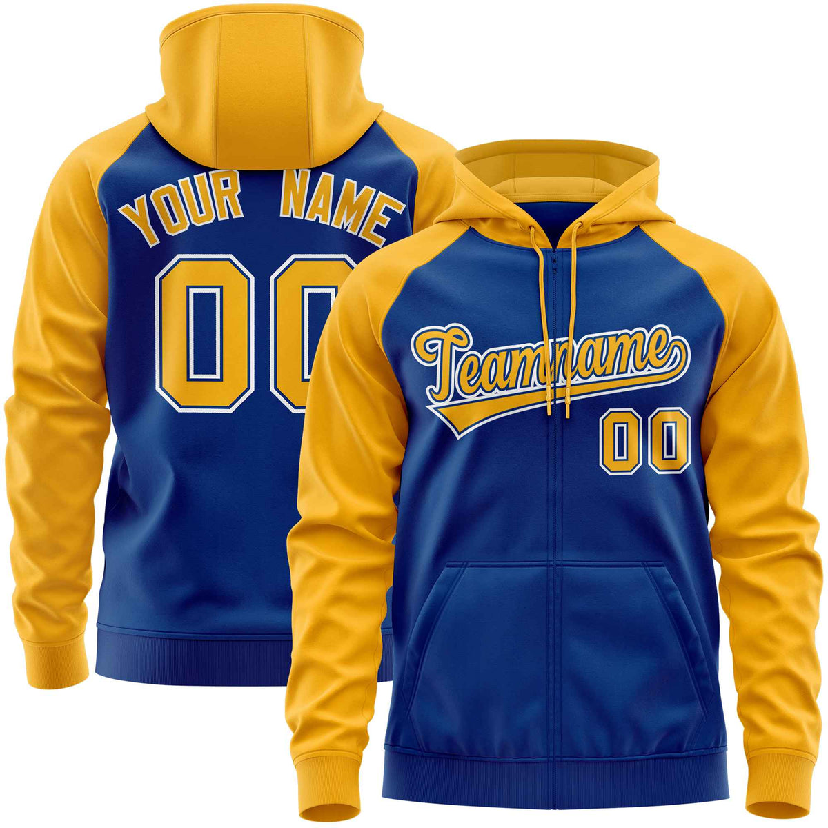 Custom Stitched Royal Gold Raglan Sleeves Sports Full-Zip Sweatshirt Hoodie| KXKSHOP