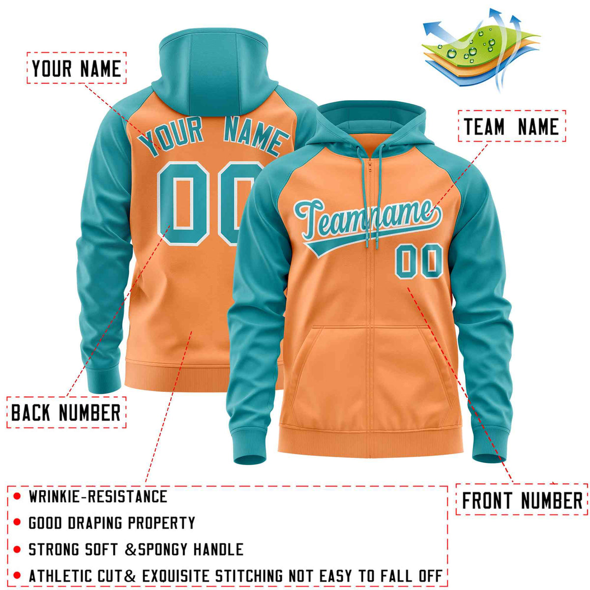 Custom Stitched Light Orange Aqua Raglan Sleeves Sports Full-Zip Sweatshirt Hoodie| KXKSHOP