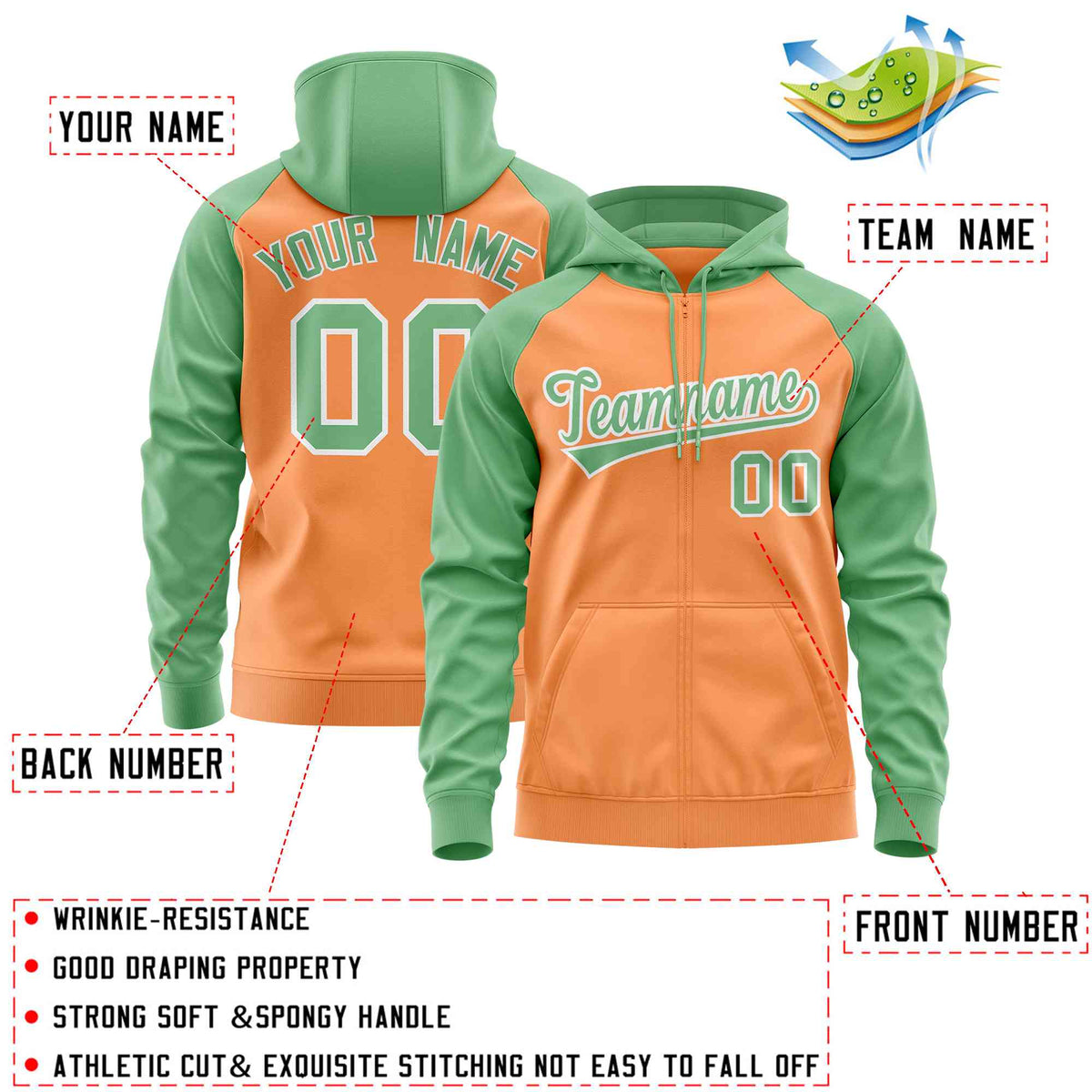 Custom Stitched Light Orange Green Raglan Sleeves Sports Full-Zip Sweatshirt Hoodie| KXKSHOP