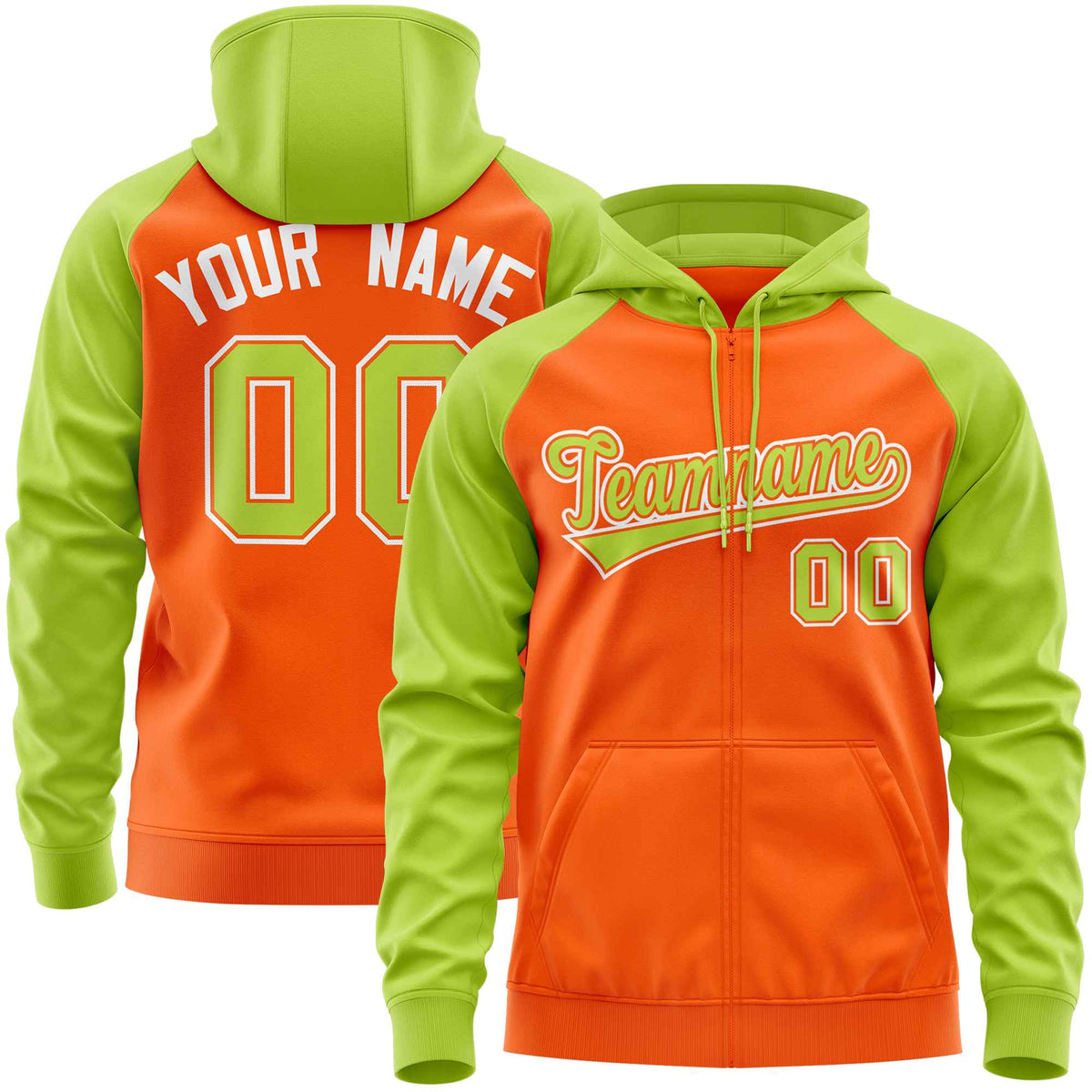 Custom Stitched Orange Neon Green Raglan Sleeves Sports Full-Zip Sweatshirt Hoodie| KXKSHOP
