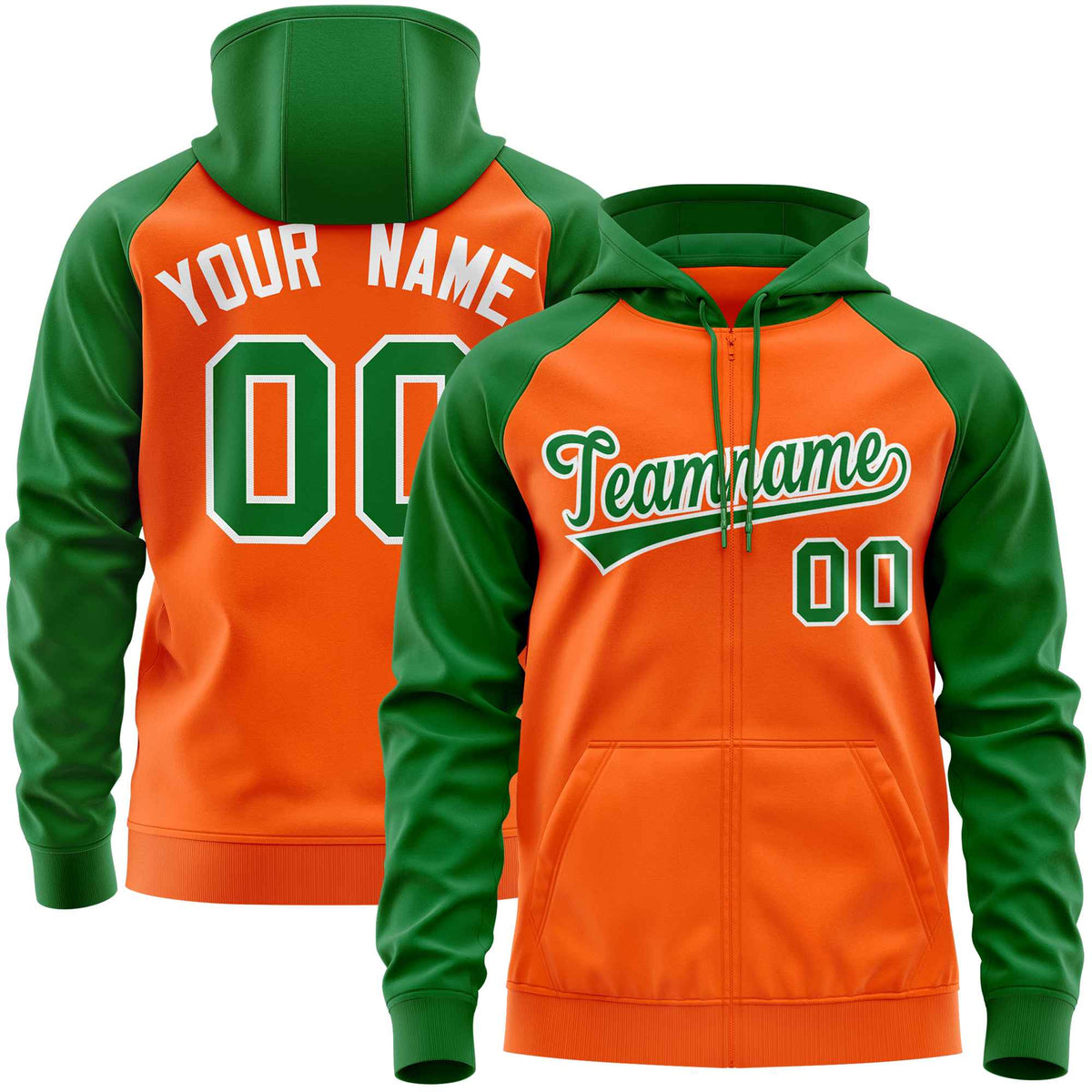 Custom Stitched Orange Kelly Green Raglan Sleeves Sports Full-Zip Sweatshirt Hoodie| KXKSHOP