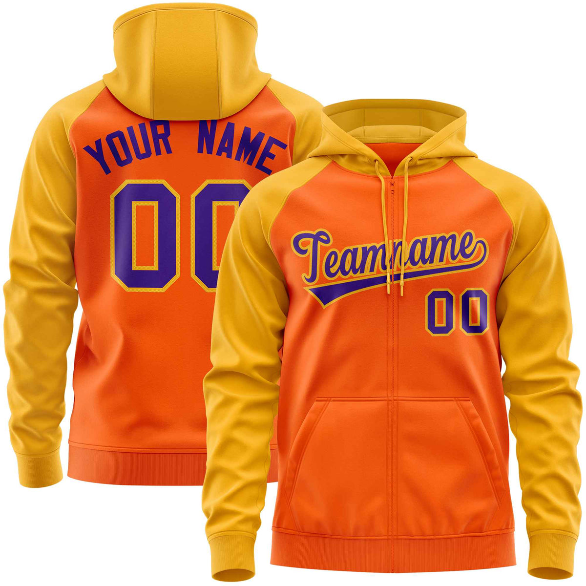 Custom Stitched Orange Gold-Purple Raglan Sleeves Sports Full-Zip Sweatshirt Hoodie| KXKSHOP