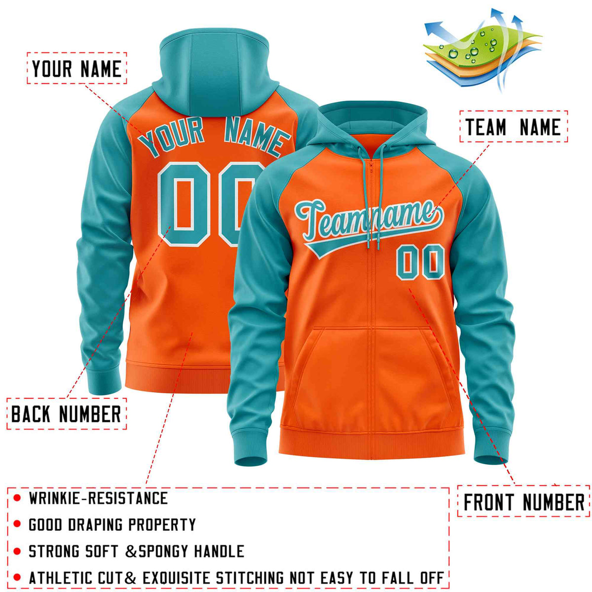 Custom Stitched Orange Aqua Raglan Sleeves Sports Full-Zip Sweatshirt Hoodie| KXKSHOP