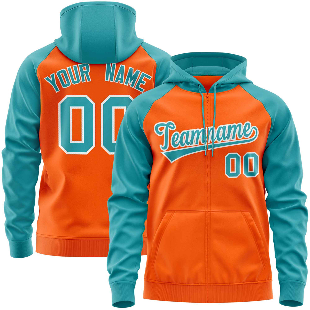 Custom Stitched Orange Aqua Raglan Sleeves Sports Full-Zip Sweatshirt Hoodie| KXKSHOP