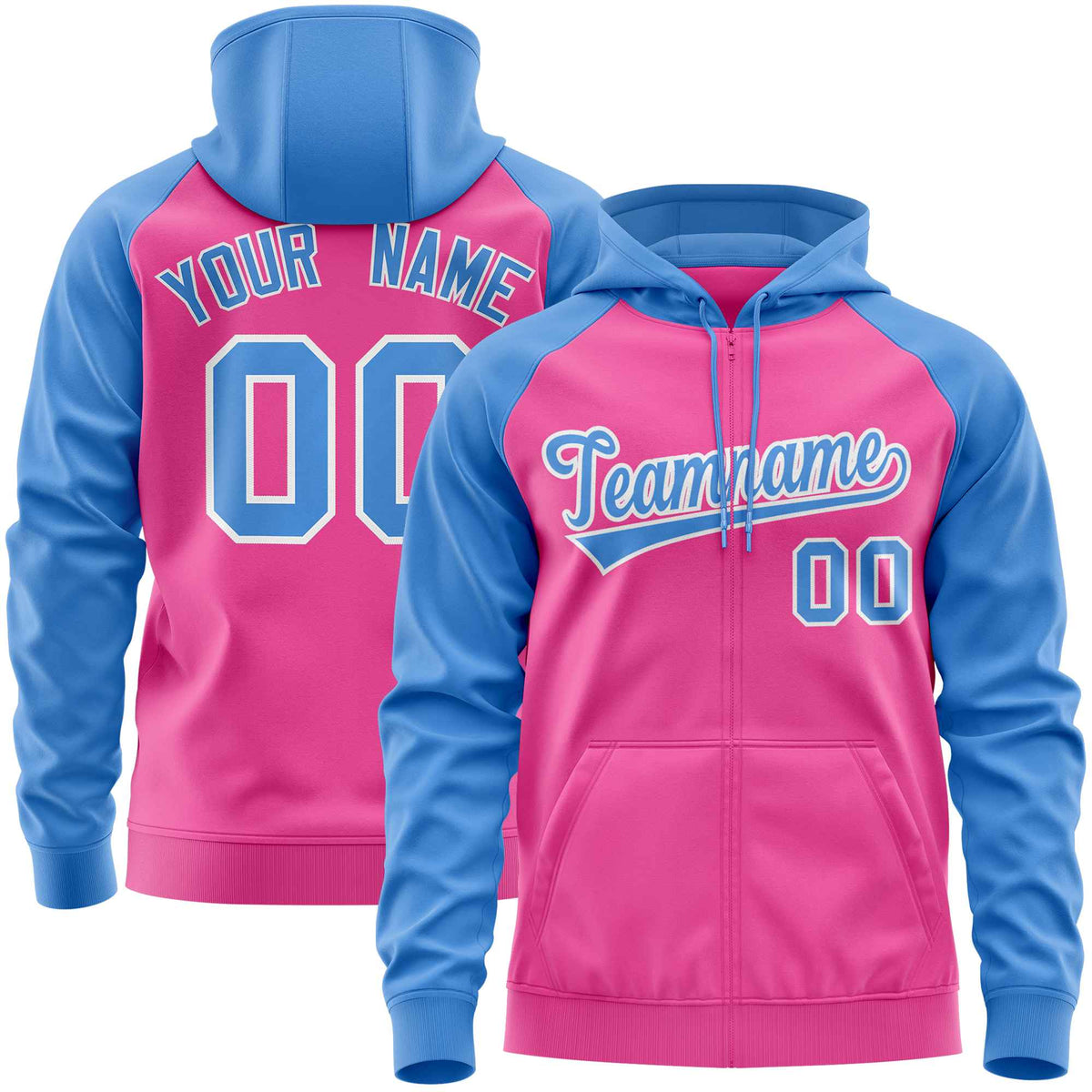 Custom Stitched Pink Powder Blue Raglan Sleeves Sports Full-Zip Sweatshirt Hoodie| KXKSHOP