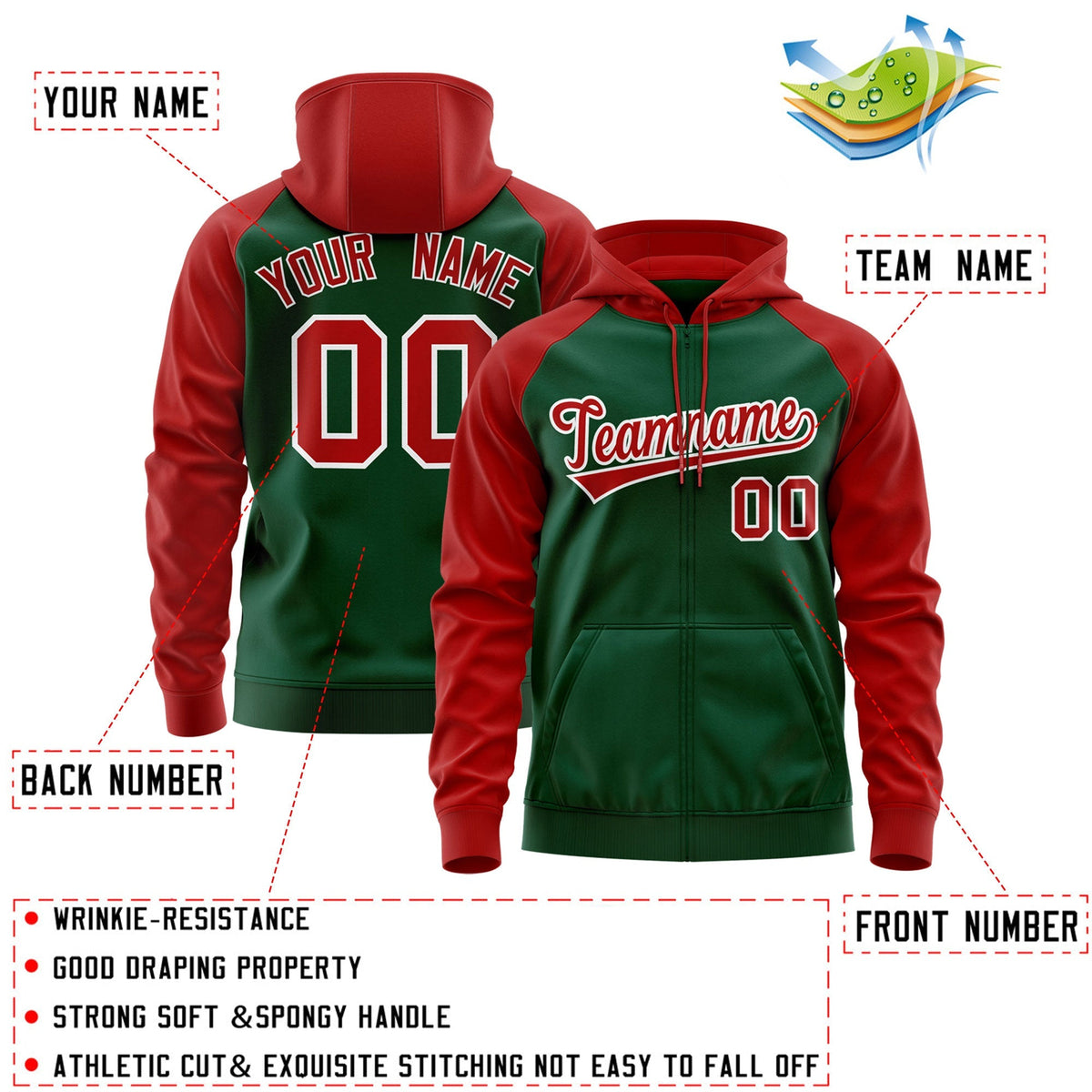 Custom Stitched Green Red-White Raglan Sleeves Sports Full-Zip Sweatshirt Hoodie| KXKSHOP