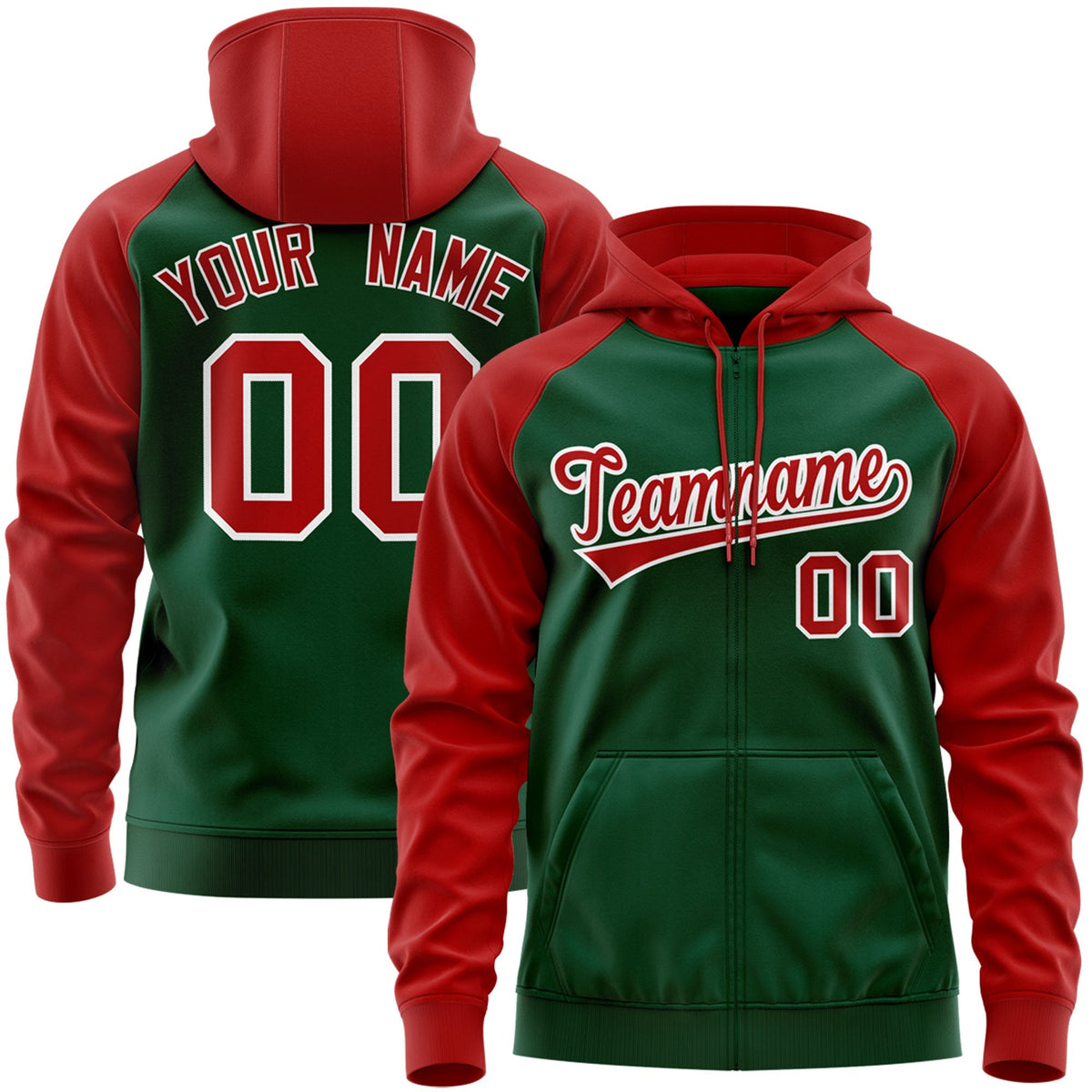 Custom Stitched Green Red-White Raglan Sleeves Sports Full-Zip Sweatshirt Hoodie| KXKSHOP