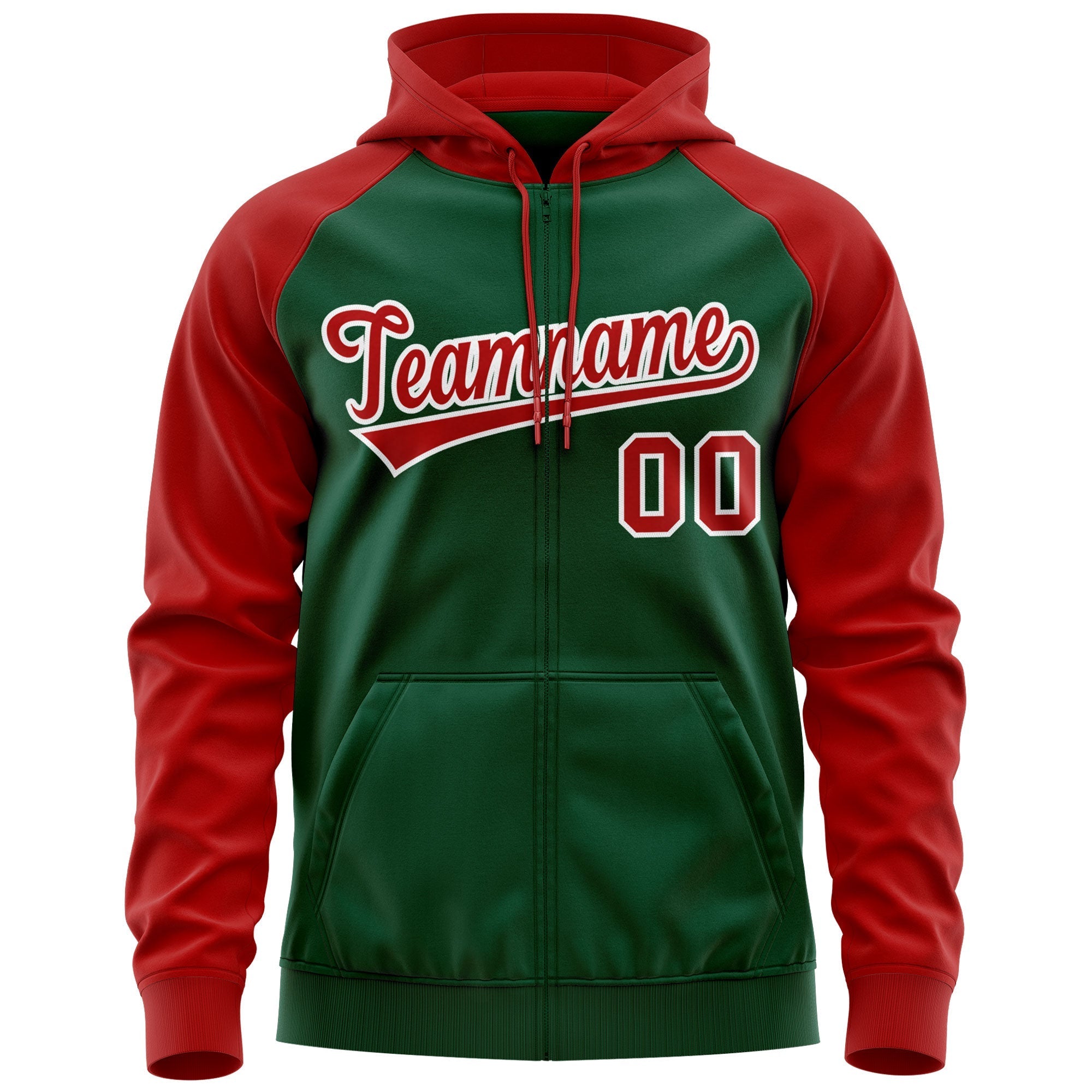 Custom Stitched Green Red-White Raglan Sleeves Sports Full-Zip Sweatshirt Hoodie| KXKSHOP