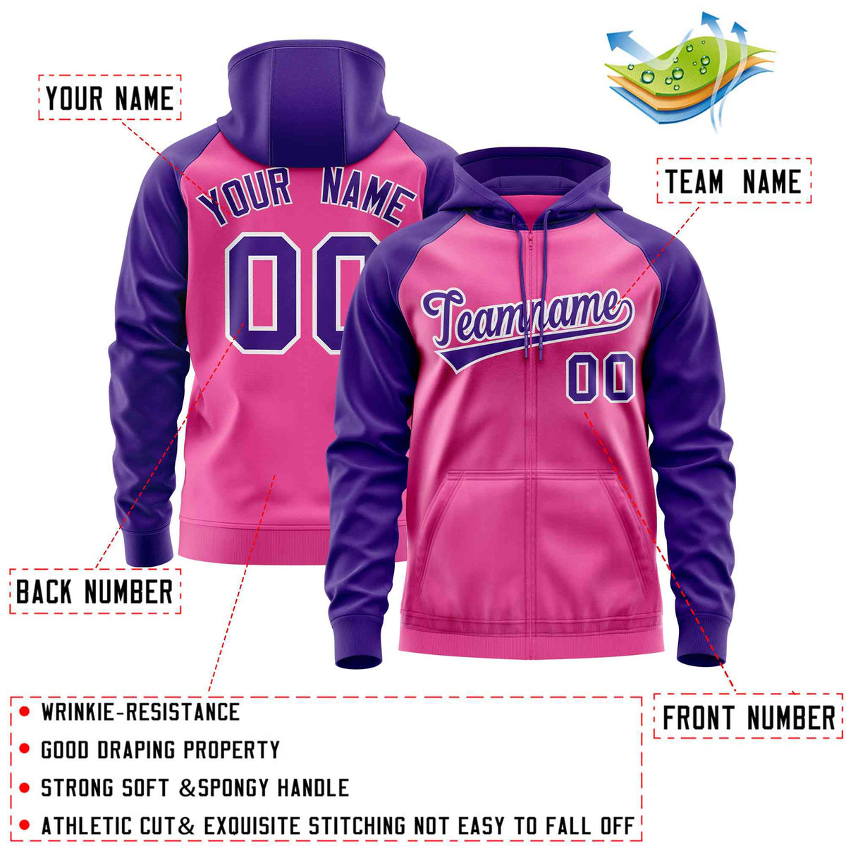 Custom Stitched Pink Purple Raglan Sleeves Sports Full-Zip Sweatshirt Hoodie| KXKSHOP